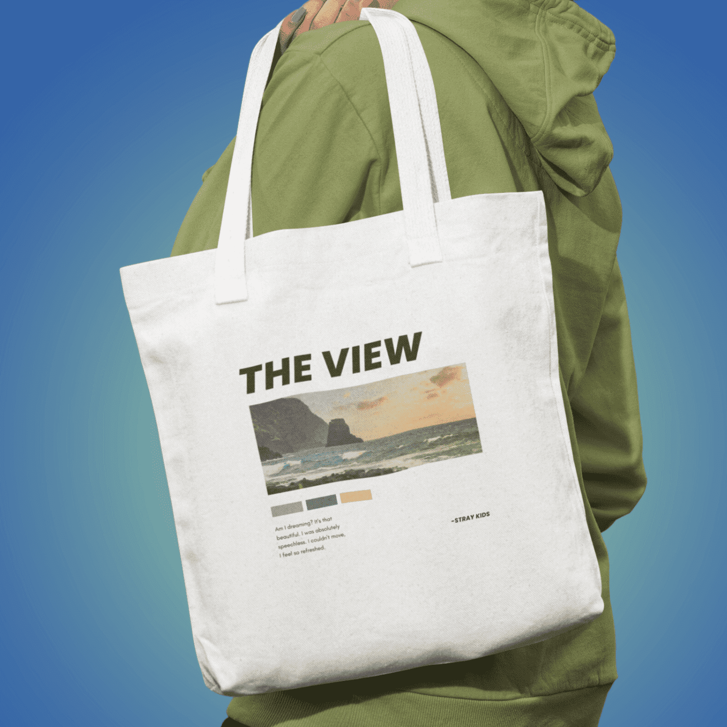 Stay holding stray kids the view canvas tote bag, featuring song's name & a beautiful landscape sunset ocean view with lyrics at the bottom.