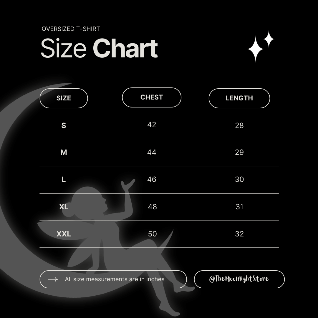 Size chart for oversized tshirts showing chest measurements: S (42"), M (44"), L (46"), XL (48"), and 2XL (50").