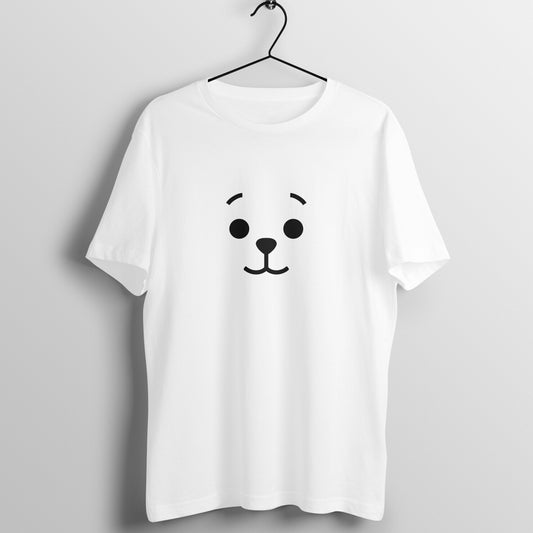 Front view of BTS BT21 RJ T-shirt featuring Jin's character, with RJ's face prominently displayed on the chest.