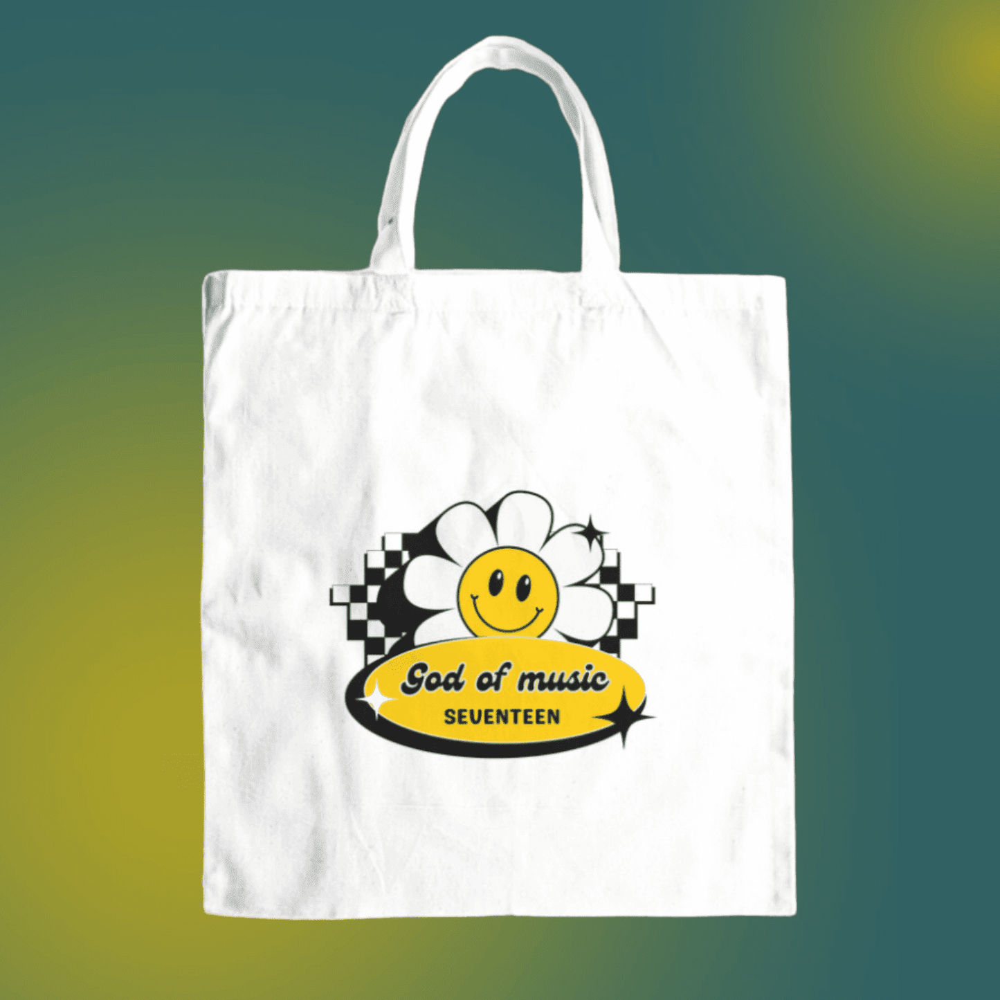 Seventeen god of music canvas tote bag front view, featuring a retro design with a smiley flower design.