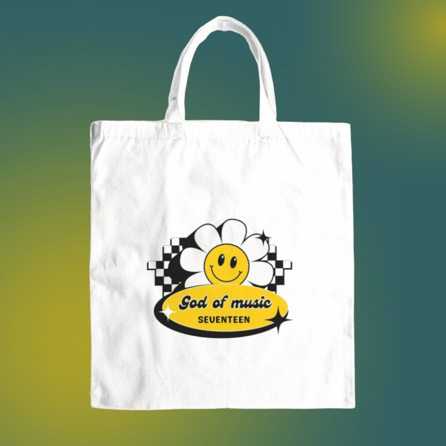 Seventeen god of music canvas tote bag front view, featuring a retro design with a smiley flower design.