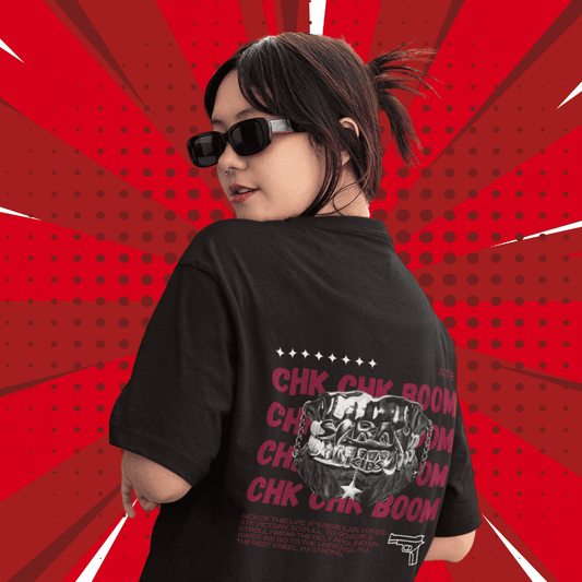 Stay wearing Stray Kids CHK CHK BOOM oversized t-shirt in black, back view featuring song lyrics and logo from the album ATE.