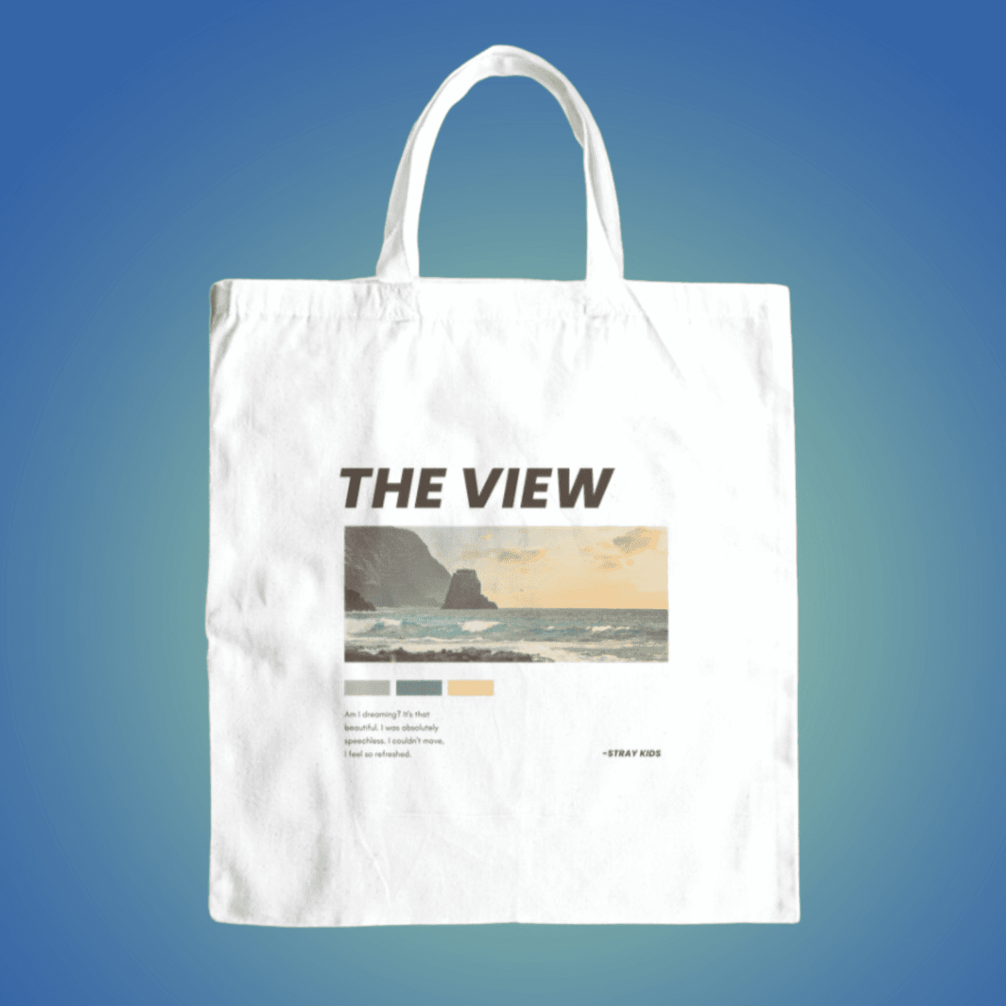 Stray kids the view canvas tote bag front view, featuring song's name & a beautiful landscape sunset ocean view with lyrics at the bottom.