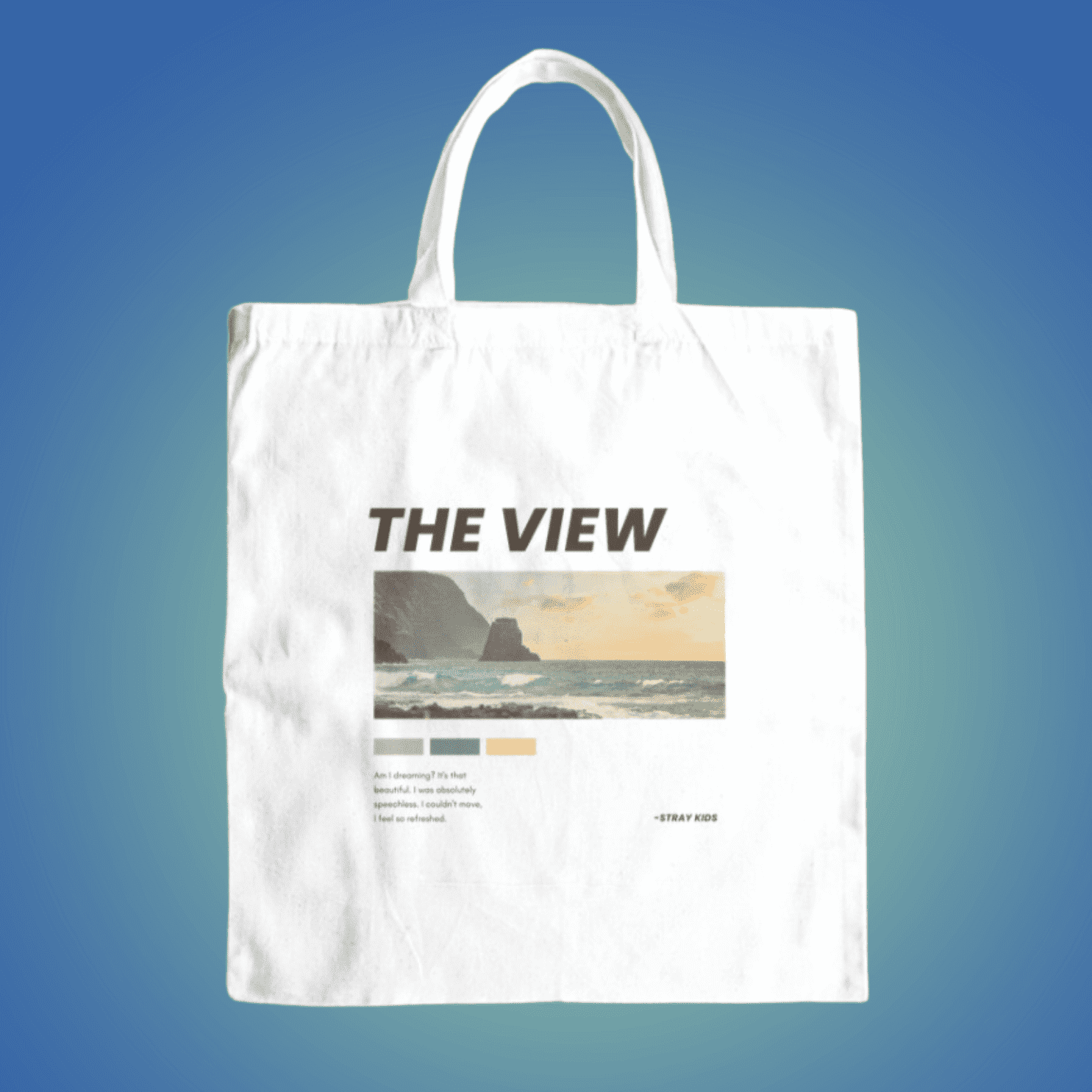Stray kids the view canvas tote bag front view, featuring song's name & a beautiful landscape sunset ocean view with lyrics at the bottom.