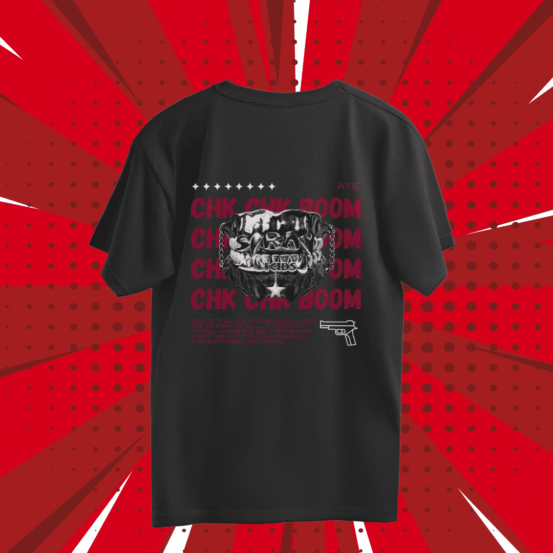 Stray Kids CHK CHK BOOM oversized t-shirt in black, back view featuring song lyrics and logo from the album ATE.